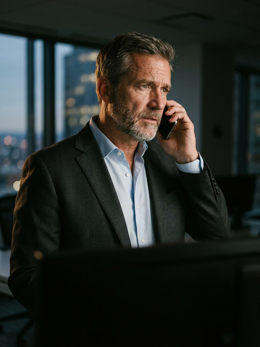 Consultor de investimentos ao telefone em um escritório no fim do dia