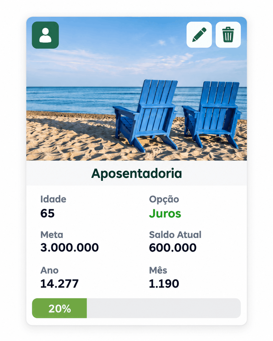 Meta Aposentadoria no aplicativo Meu Plano, com 20% do objetivo alcançado