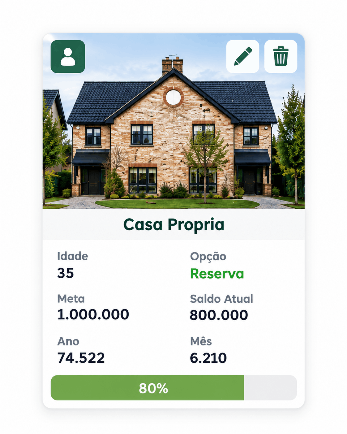 Meta Casa própria no aplicativo Meu Plano, com 80% do objetivo alcançado