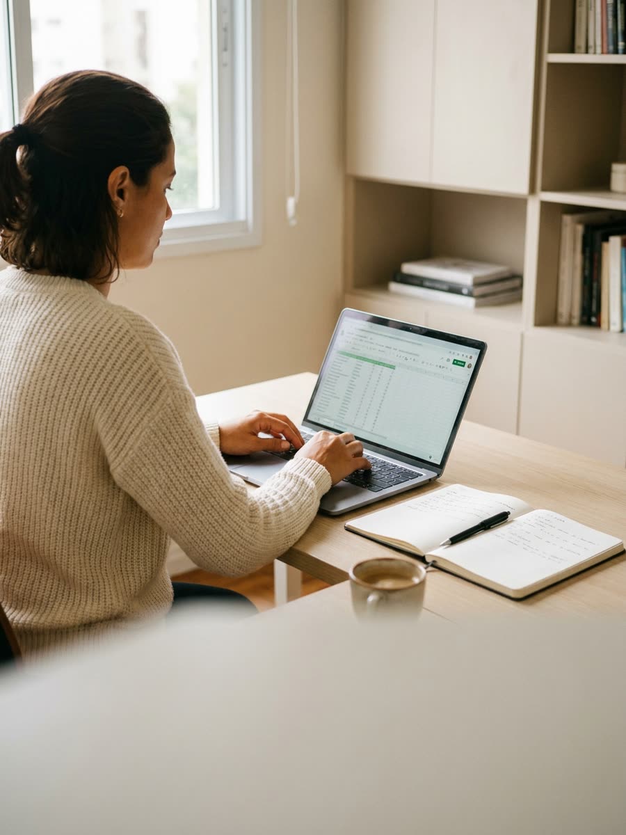 Mulher estudando as próprias finanças em casa, com laptop e caderno de anotações